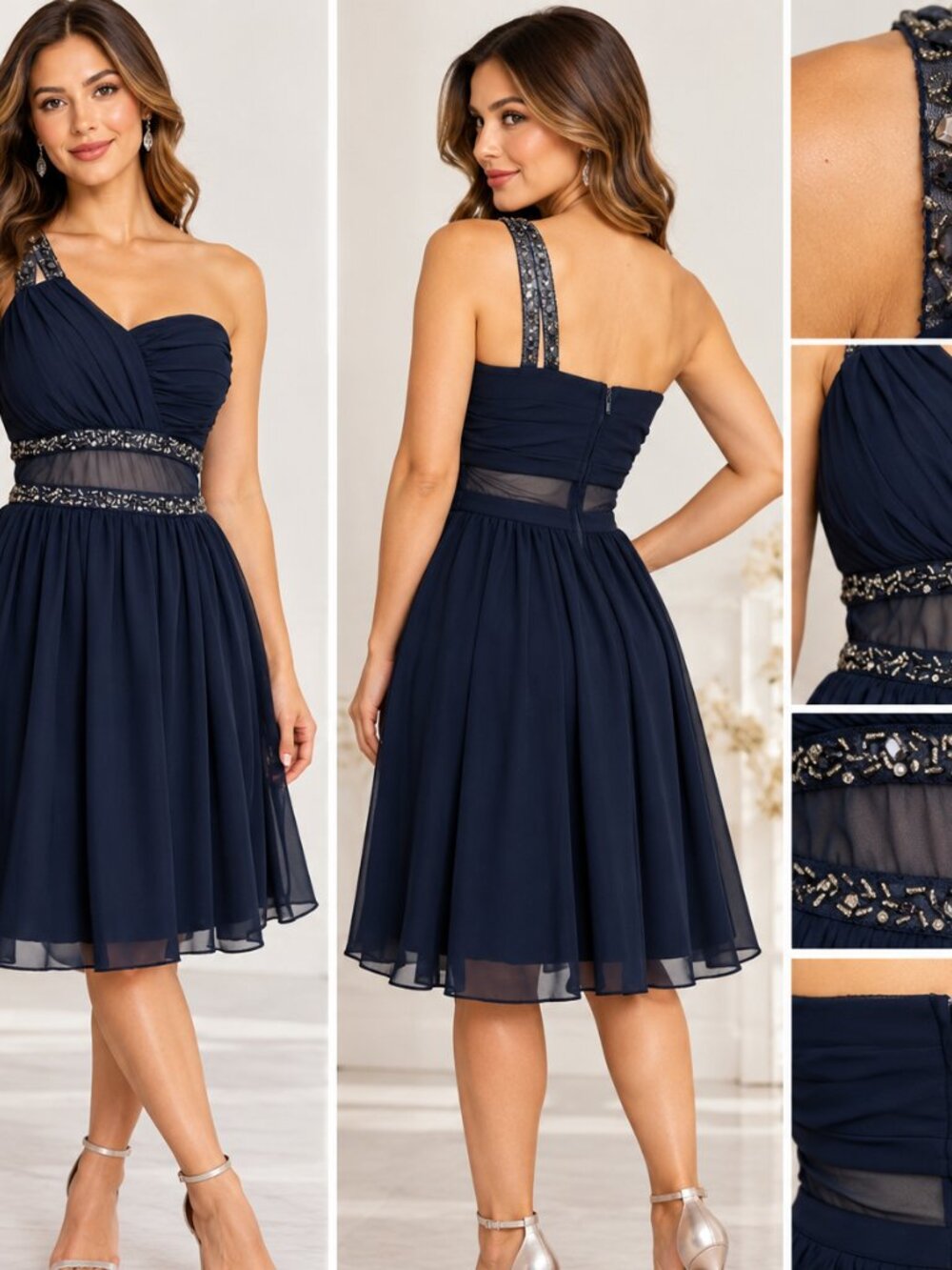 Navy Blue One Shoulder Beaded Chiffon Cocktail Party Dress Formal Evening